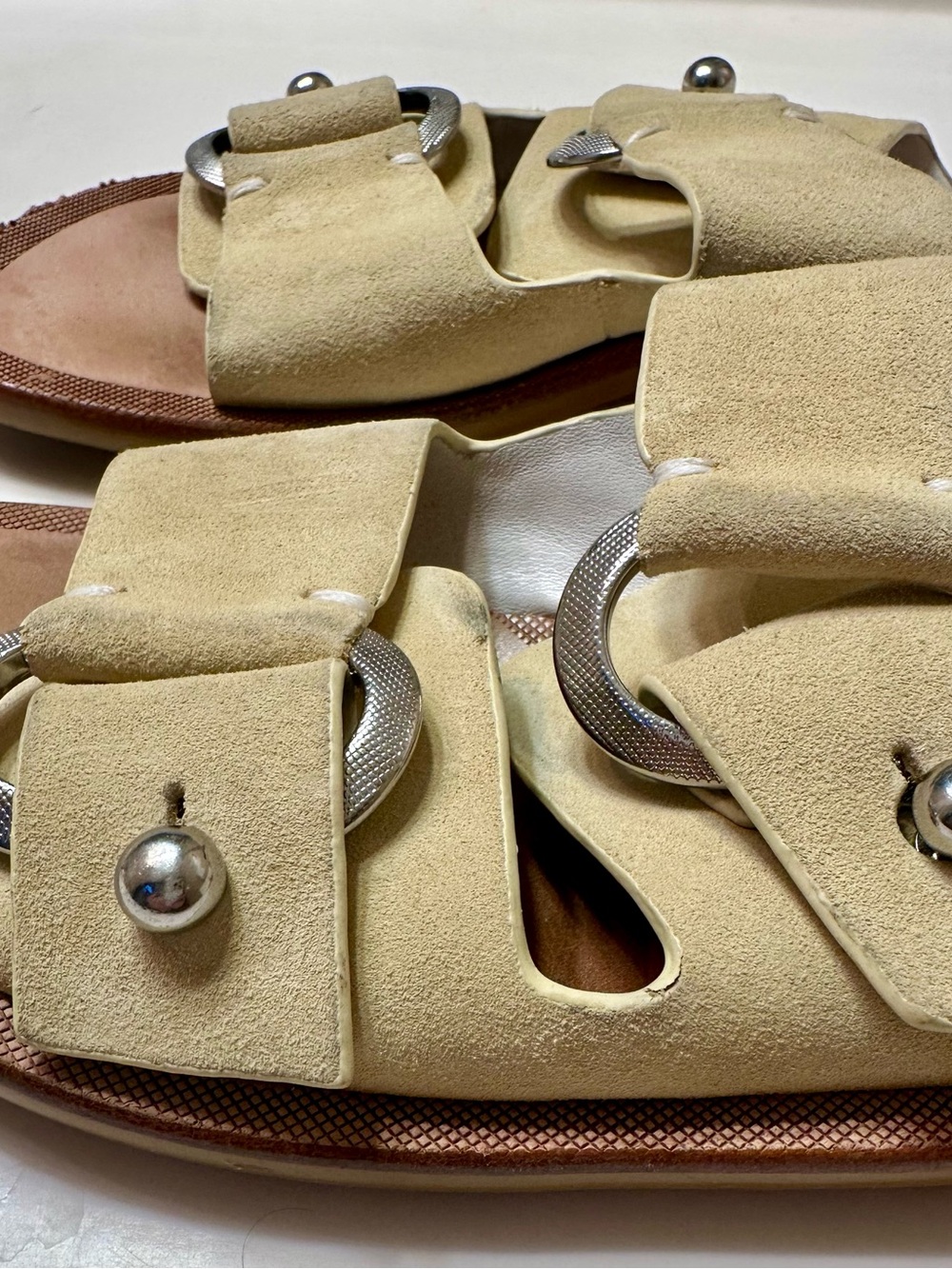 rag & bone Beige Suede Flat Slide Sandals with Silver Hardware